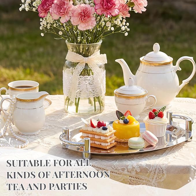 2 Pcs Stainless Steel Serving Tray, Heavy Duty Portable Metal Serving Tray with Handle Mirror Polished Steel Buffet Snack Salver for Coffee, Desserts, Cakes (Oval,18 x 13,15" X 11")