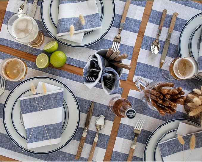 Solino Home Linen Cloth Placemats Set of 4 - Cabana Stripe 100% Pure Linen Navy and White Farmhouse Placemats 14 x 19 Inch for Christmas, Winter, New Year