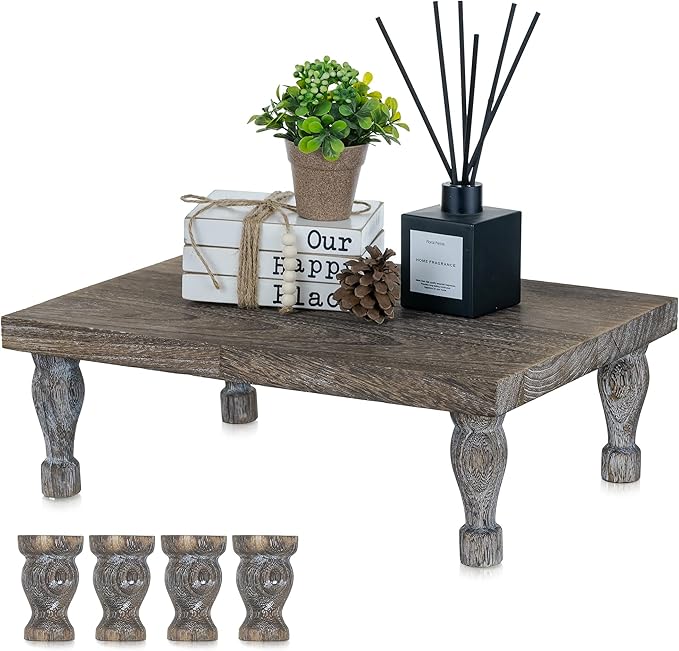 Hanobe Wooden Riser Decorative Tray: Farmhouse Wood Pedestal Display Stand Rustic Brown Tray Riser Centerpiece for Coffee Bar Kitchen Dining Room Home Table Decor, Short & Tall Footed