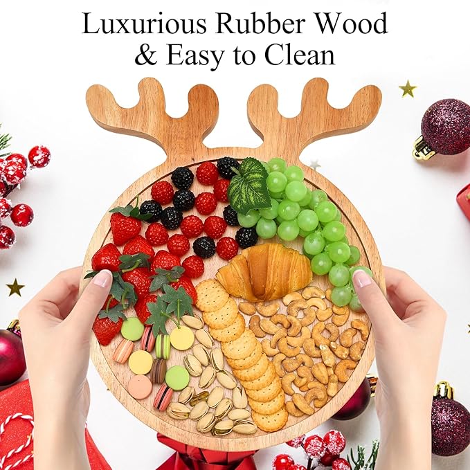 Renawe Christmas Decor Wood Tray 15"x12" Large Round Serving Platters Wooden Charcuterie Board Xmas Dinner Plate Dish Cookies Trays Cheese Board Charger Plates for Christmas Holiday Dessert Platter