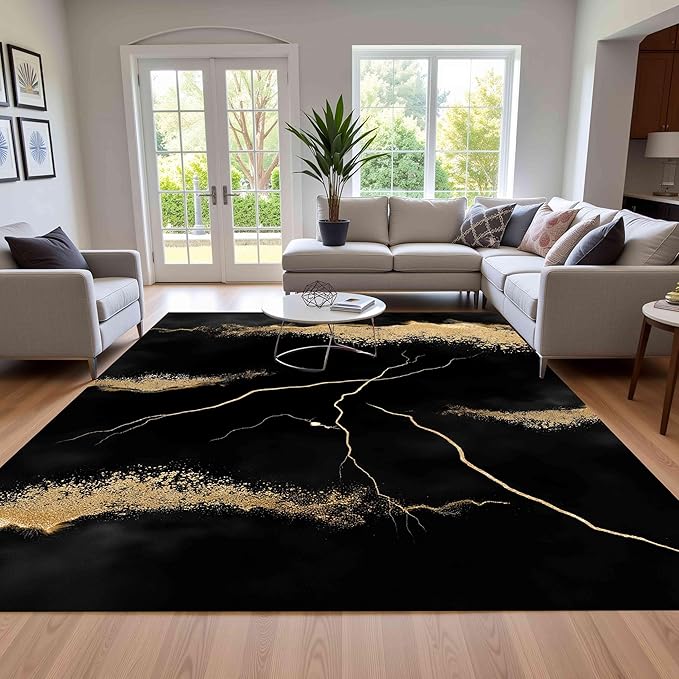 Luxury Black Gold Marbel Pattern Design Area Rug 9x12 for Living Room Bedroom Soft Non Skid Low Pile Big Rugs Under Dining Table Minimalist Floor Mats Nursery Farmhouse Modern Abstract Indoor Carpet