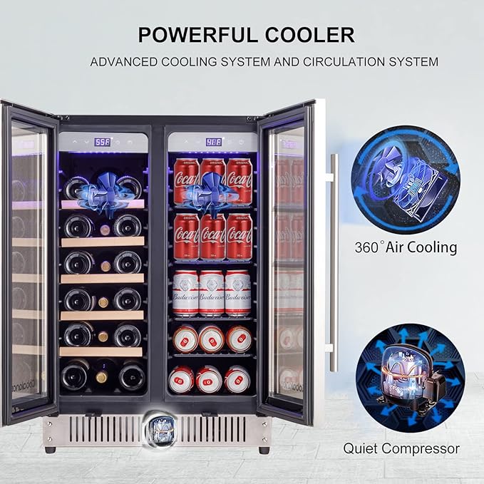 Cobalance 24 Inch Dual Zone Wine and Beverage Refrigerator-72 Cans and 20 Bottles Cooler, & Single Bottle Wine Chiller,Built-in or Freestanding Fridge for Beer, Soda, Drinks, Home,