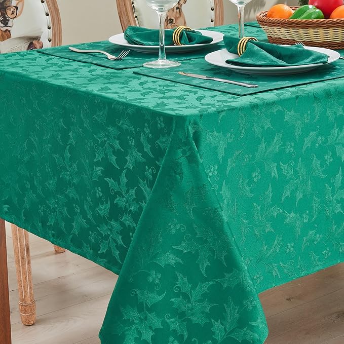 Rectangle Christmas Jacquard Table Cloth Waterproof Elegant Damask Floral Pattern Heavy Weight Wipeable Wrinkle Free Fabric Table Covers for Dinner or Daily Uses(Dark Green/60x84Inch)