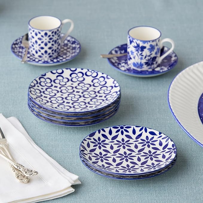 Madison Set of 6 Canape Plates - 6 Inches, Stunning Blue and White Designs - Perfect for appetizers, desserts, and small bites