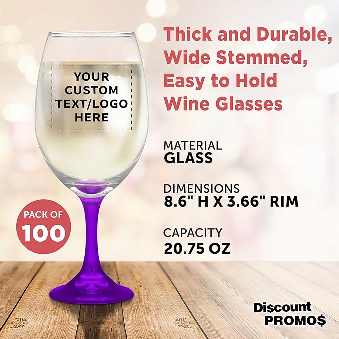 Custom Rioja Grand Wine Glasses 20.75 oz. Set of 100, Personalized Bulk Pack - Perfect for Hotel, Bar, Restaurant or Lounge - Purple