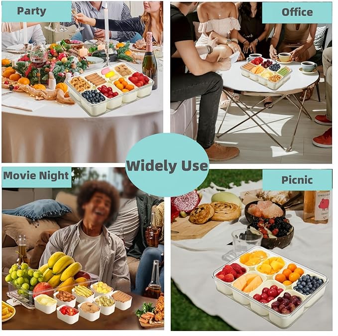 Snackle Box Container, Divided Serving Tray with Lid & Handle, Portable Snack Box Charcuterie Container for Nuts,Candy,Fruits, Snack Platter with 8 Compartments&6 forks for Party,Entertaining,Picnic
