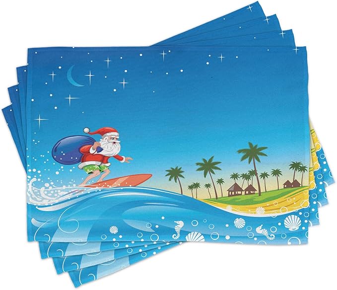 Ambesonne Christmas Place Mats Set of 4, Surfing Santa on a Wave with Sack at The Beach Tropical Night Fantasy Cartoon, Washable Fabric Placemats for Dining Table, Standard Size, Blue
