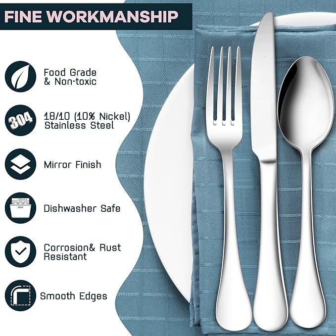 40-Piece Silverware Set for 8, E-far 18/10 Stainless Steel Flatware Cutlery Metal Eating Utensil Tableware Forks and Spoon Sets for Restaurant Wedding - Simple Fancy Style & Dishwasher Safe