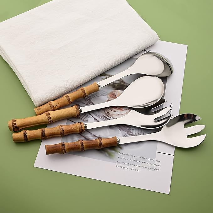 Salad Servers - 10.0 inch Serving Spoons and Forks Set of 6 - Include 3 Large Spoon and 3 Large Fork - Silver Stainless Steel Serving Utensils with Bamboo Handle