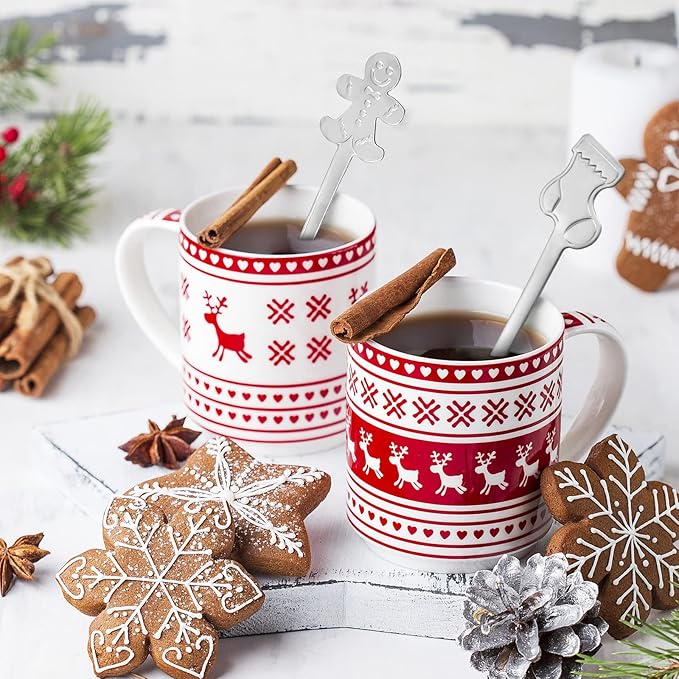 Skyley 32 Pieces Christmas Spoon Set Hot Chocolate Stirring Creative Stainless Steel Coffee Tea Soup Dessert for Drink Mixing Milkshake, 4 Styles, Silver