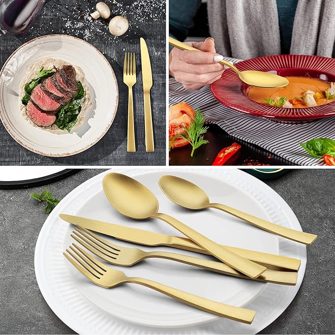 20-Piece Matte Gold Silverware Set, E-far Stainless Steel Flatware Set Service for 4, Metal Cutlery Eating Utensils Tableware Includes Forks/Spoons/Knives, Square Edge