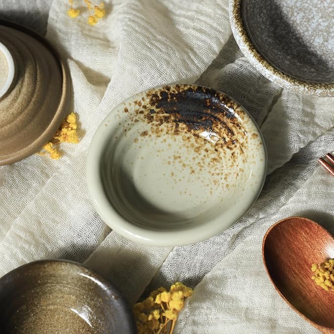 Colias Wing 3.5 Inch Retro Style Brown Stylish Design Multipurpose Porcelain Side Dish Bowl Seasoning Dishes Soy Dipping Sauce Dishes-Set of 5