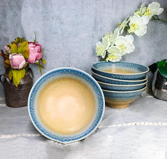 Ebros Gift Artistic Blue River Ao Nagashi Collection Dinnerware Serveware Kitchenware Set Asian Japanese Restaurant Supply (Pack Of 5 Large Ramen Soup Dinner Bowl 40oz)