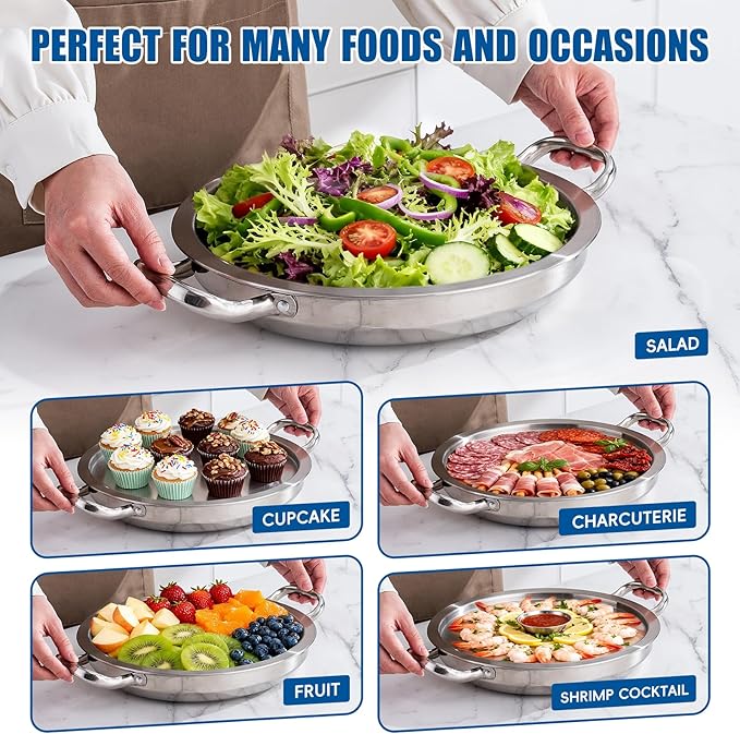 2-Set 12 Inch Shrimp Cocktail Serving Dish with Ice Tray, Cold Chilled Serving Trays, Cooling Platter Charcuterie Board for Appetizer Oyster Salad Buffet Parties, Dishwasher Safe, Stainless Steel