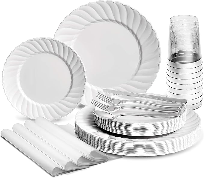 " OCCASIONS " 200pcs set (25 Guests)-Vintage Wedding Party Disposable Plastic Plates -25 x 10.25'' + 25 x 7.5'' + Silverware + 12oz Cups + Napkins (Blossom in White)