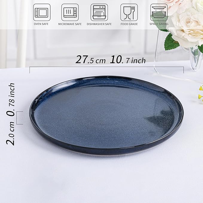 Dinner Plates Set of 6: Ceramic 10.7 Inch Handmade Reactive Glaze Stoneware Plate for kitchen, Modern Dinnerware Plates, Microwave & Dishwasher Safe, Scratch Resistant (Blue)