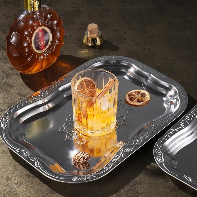 6 Pack Silver Serving Trays Set, Floral Engraved Mirror Decorative Tray Party Platters for Whiskey Cookies Food Dessert Fruit Cupcake Weddings Table Parties Display