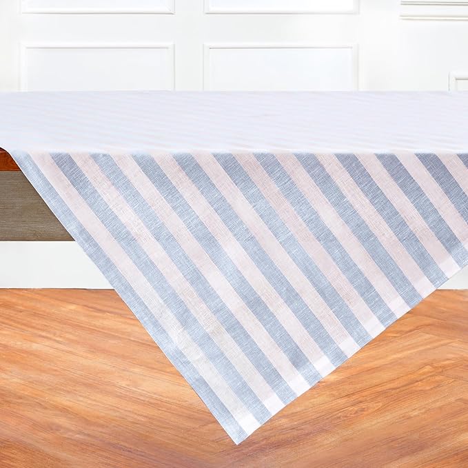 Solino Home Linen Square Tablecloth 52 x 52 Inch - Sorrento Stripe, 100% Pure Linen Blue and White Table Throw - Machine Washable Tablecloth for Winter, Spring, Easter