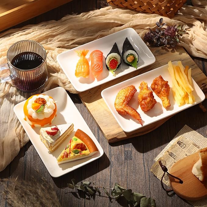 Irenare 12 Pcs 8 Inch Rectangular Salad Plates White Rectangular Porcelain Dessert Plates Appetizer Serving Tray Porcelain Platters for Fruit Sushi Dinner Parties, Microwave, Oven Safe