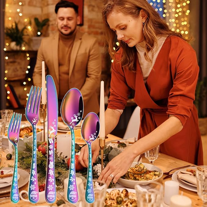 Vilihkc Christmas Style Silverware Set,20 Piece Stainless Steel Flatware Set, Kitchen Utensil Set Service for 4,Tableware Cutlery Set for Home and Restaurant,Dishwasher Safe