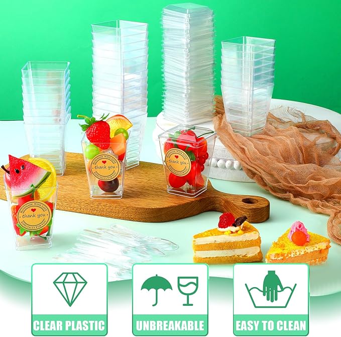 Sieral 100 Pack Plastic Dessert Cups with Lids and Spoons, Mini Clear Yogurt Parfait Cups with Stickers Small Appetizer Container for Fruit Pudding Shooter Party Wedding Halloween Christmas(Square)