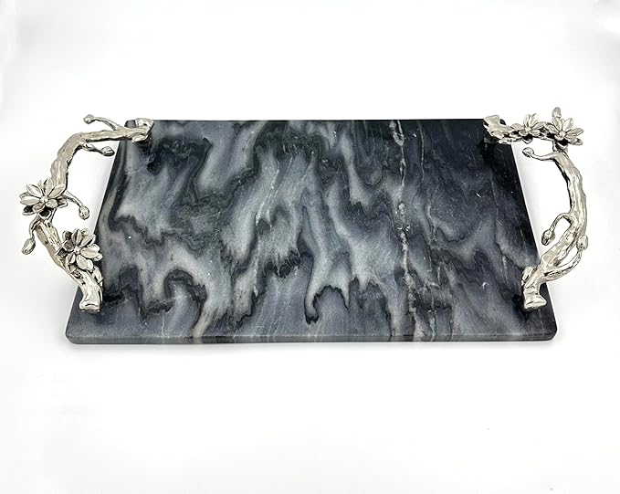 Elegant Marble Serving Tray with Decorative Metal Handles| Premium Platter for Dining & Home Décor. (Silver)