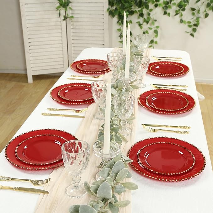 8" Salad Plates - Set of 20 - Plastic Red Round Disposable Dessert Appetizer Plate with Gold Beaded Rim, Ideal for Dinner Party Wedding Bulk Events