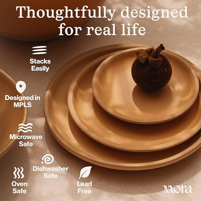 MORA Large Plates Set of 4, 10.5 inch Ceramic Pottery Dinner Plates - Microwave, Oven and Dishwasher Safe - Harvest