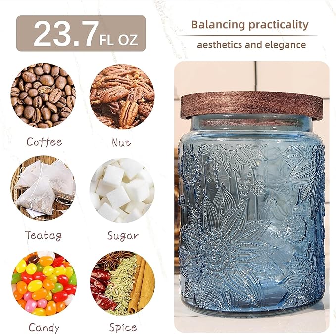 Glass Storage Jars With Airtight Lid, 23.7oz Canister For Kitchen Counter with Wooden Lid, brown sugar, candy, coffee, cookie, salt, tea,pantry cute Jar (2-Pack Blue, 23.7 floz)