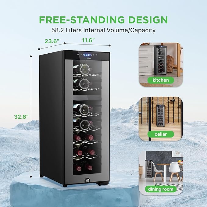 Nutrichef 18 Bottle Wine Fridge - Dual Zone Wine Chiller, Adjustable Temperature 41°F to 64°F, Ultra Quiet Operation, Free Standing Wine Cooler For Home, & Office, 32 x 11 x 26 IN (Black)