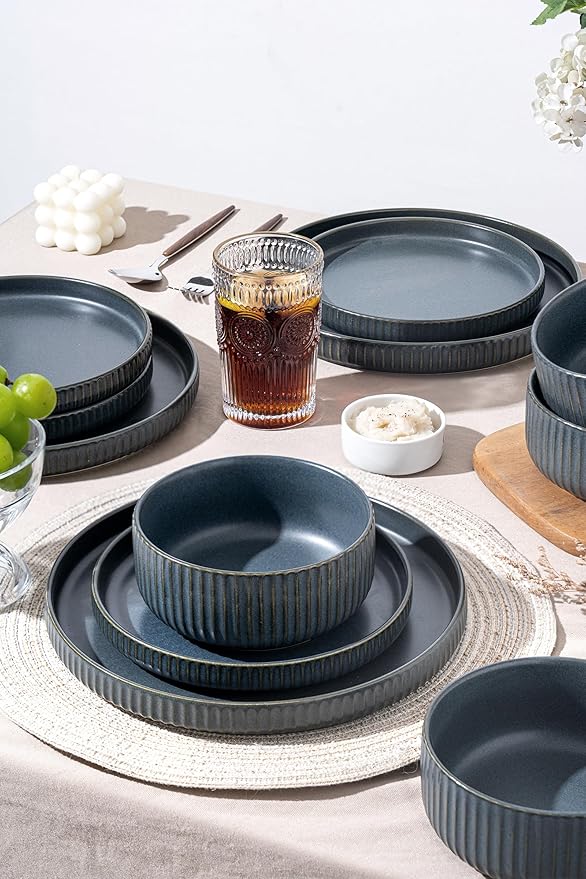 Dinnerware Sets for 4,Microwave Safe Plates and Bowls Sets,12 Piece Dylan Dish Set,Reactive Glaze Stoneware Dinnerware Set (Matte Reactive Sapphire Blue, Service for 4 (12pcs))