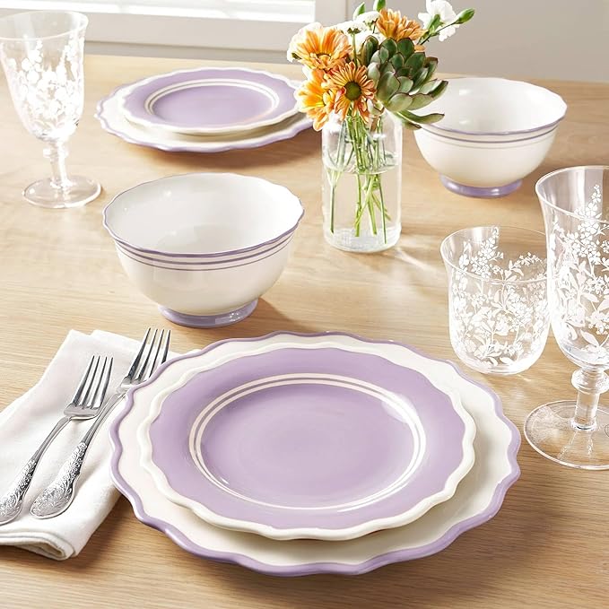 12-Piece Ceramic Dinnerware Set – 4 Dinner Plates, 4 Salad Plates, 4 Bowls, Purple and White Modern Tableware, Dishwasher & Microwave Safe (Iris)