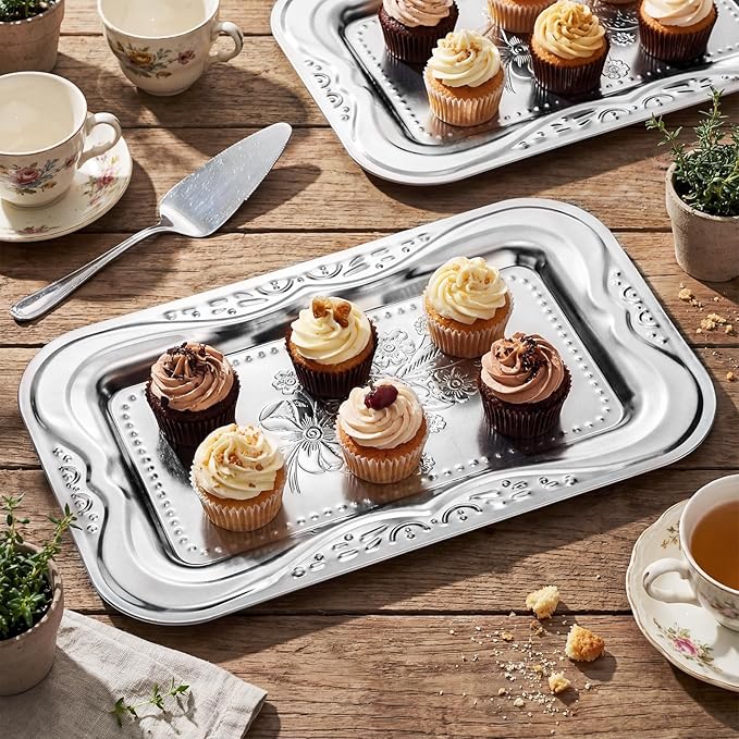 LemonRoad 6 Pack Silver Serving Trays 13.8 x 8.7 Inch Stainless Steel Dinner Trays Engraved Mirror Decorative Tray Silver Platters for Whiskey Charcuterie Snacks Desserts Fruits