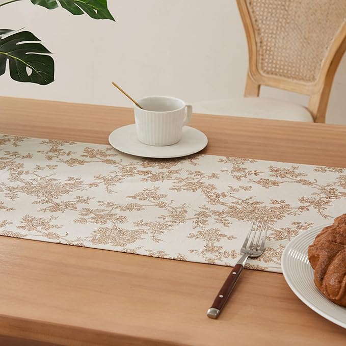 100% Cotton French Pastoral Table Runners, 13x90 Inch Brown Farmhouse Table Runners 90 Inches Long, Vintage Flowers Print Home Decors