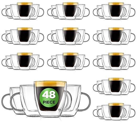 NutriChef Insulated Glass Coffee Cups - 48-Pack 5 oz Mugs, Double Wall Heat-Proof & Sweat Free Clear Drinkware for Hot & Cold Drinks - Coffee Espresso Cappuccino Tea, Microwave & Dishwasher Safe