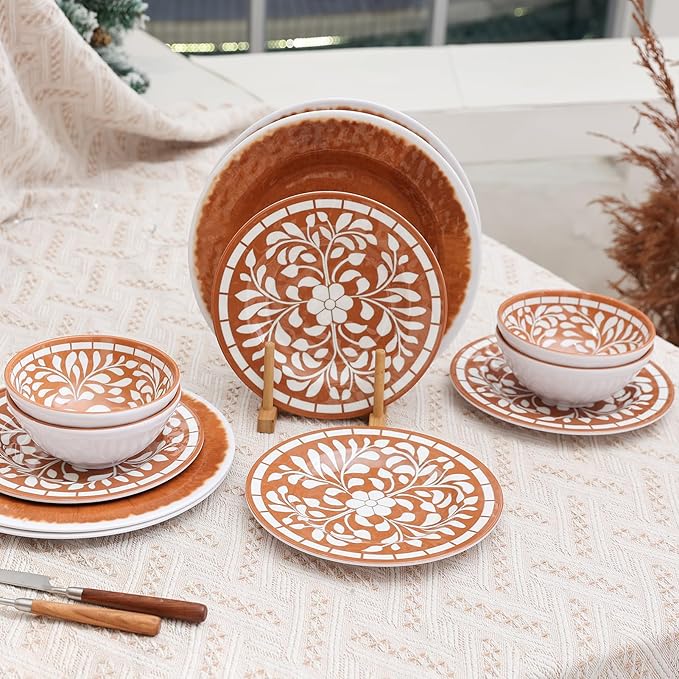 Melamine Plates and Bowls Set, 12-Piece Melamine Dinnerware Set, Dinner Serving Dishes Set for 4, Unbreakable, Brown-Yellow
