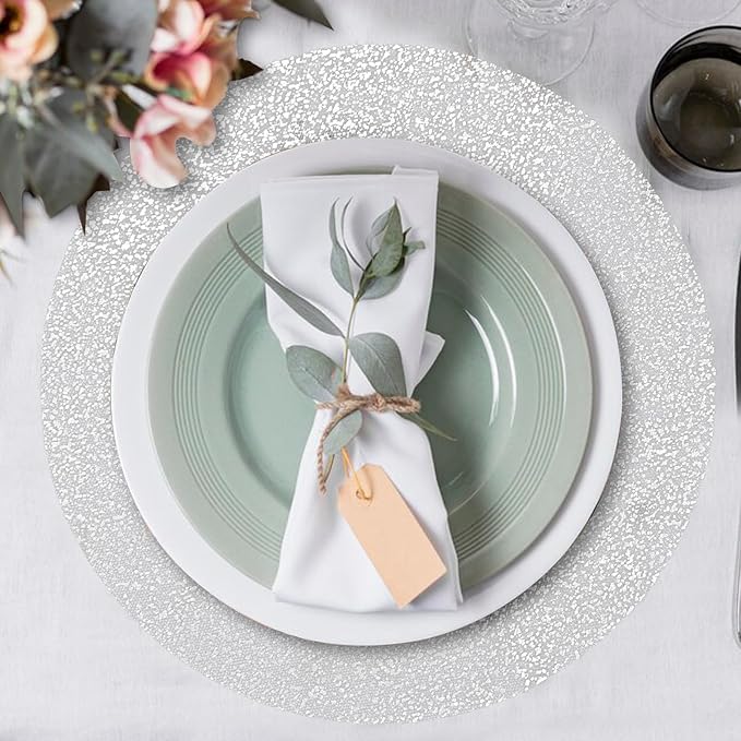 50 Piece Silver Placemats 13 Inch Disposable Silver Foil Place Mats Round Mesh Pressed Paper Placemat for Elegant Wedding, Birthday Party, Church Banquet, Dinners, and Dining Room Table Decor