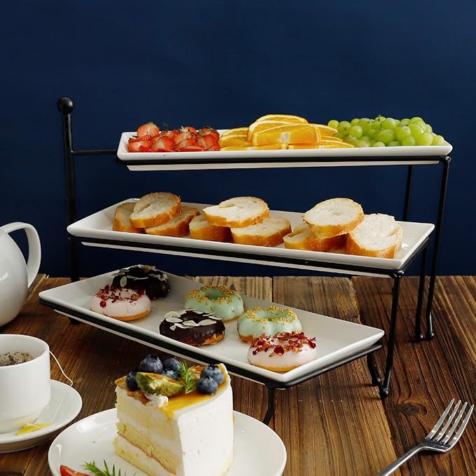 Sweese 3 Tiered Serving Stand, Foldable Rectangular Food Display Stand with White Porcelain Platters - Serving Trays, Dessert Display Server for Brithday Party, Valentine's Day and Events
