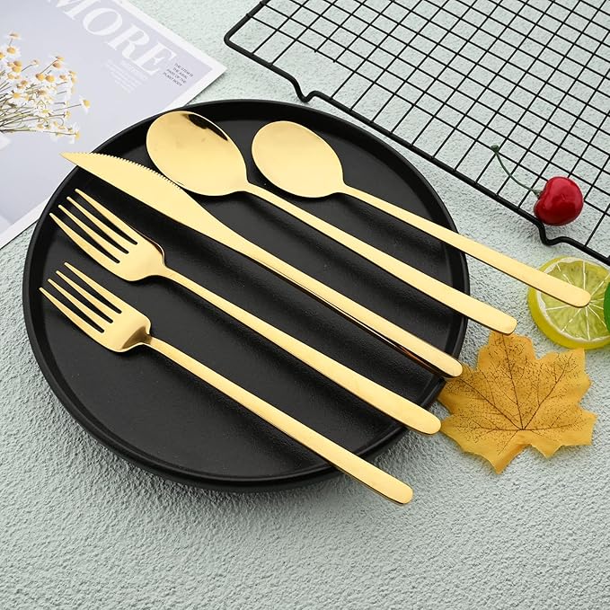 Knives and Forks Set Flatware Set Korean Silverware SUS304 Stainless Steel Kitchen Dinnerware Portable Utensils for Home, Camping Restaurant Christmas Gift - Shiny Gold