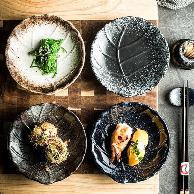 Sauce Dish 1 Piece Leaf Textured Round Plate Restaurant Ceramic Snack Dessert Plate Appetizer Plate Sauce Bowl Snack Plate(4)