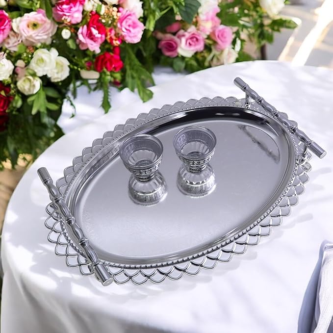 14.6 inch x 11 inch Oval Chrome Plated Silver Serving Tray with Handles Stylish Design Floral Plant Engraved Edge Party Birthday Dessert Buffet Platter Plate FST-084
