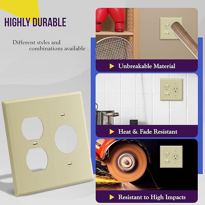ENERLITES Combination Duplex Outlet/Single Receptacle 1.406" Hole Wall Plate Cover, Standard Size 2-Gang 4.50" x 4.57", Polycarbonate Thermoplastic, UL Listed, 882151-I, Ivory
