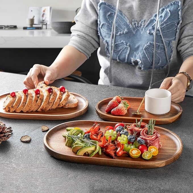Set of 3 Wooden Tray Serving Platters Acacia Wood Serving Trays Home Decor Cheese Board Cake Plates Serving Dishes for Entertaining Kitchen Charcuterie Platter for Food Dish Dessert Snack Tray