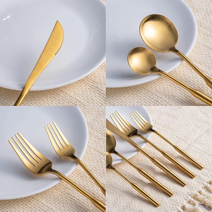 Matte Silverware Eating Utensils Set, 20-Piece Stainless Steel Flatware Set, Kitchen Utensil Set Service for 4, Durable Home Kitchen Silverware,Luxury Cutlery Set. (Gold, 20)