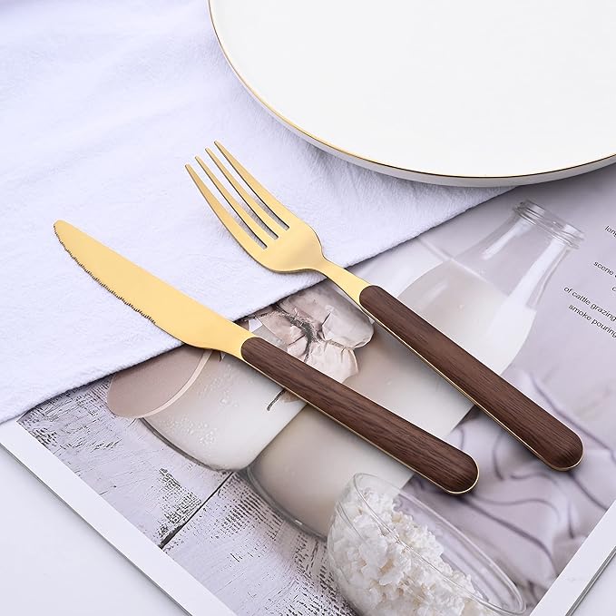 Brown Gold Silverware Set, 16 Pieces Stainless Steel Flatware Cutlery Set with Faux Wooden Handle, 4 x Dinner Knife, 4 x Dinner Fork, 4 x Tablespoon, 4 x Fruit Fork, Mirror Polished