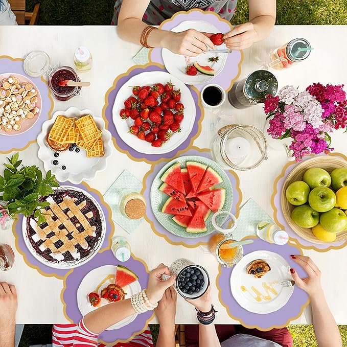 100 Pcs Purple Paper Placemats 13.5 Inch Disposable Scalloped Colorful Pastel Round Table Place Mats with Gold Edges, Decorative Colors Mats for Birthday Wedding Bridal Shower Banquet Tea Party