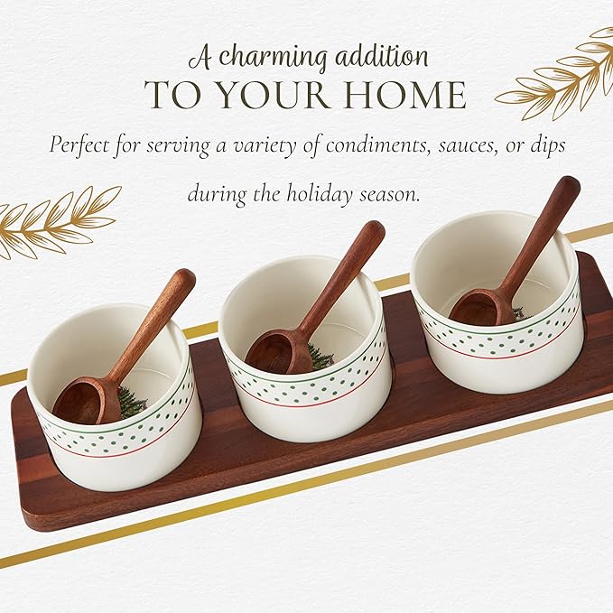 Spode Christmas Tree Condiment Set - 7 Piece Holiday Serveware Set - Ceramic Dip Bowls, Spoons, Serving Tray Included - Appetizers, Sauces, and Snacks - Polka Dot, Festive Entertaining