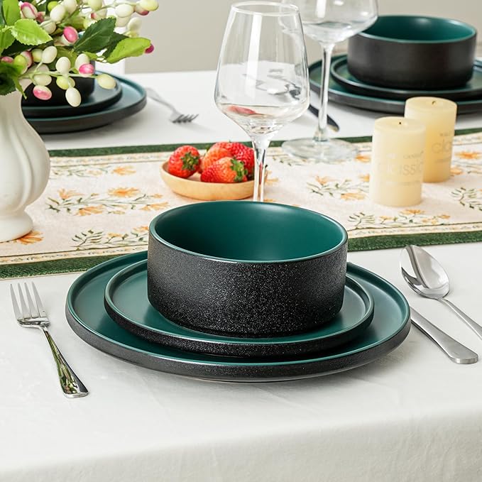 Plates and Bowls Sets, 6 Piece Ceramic Dinnerware Set for Family and Gatherings, Dishes Set for 2, Dishwasher & Microwave Safe, Handcrafted Stoneware Sets, Modern Green