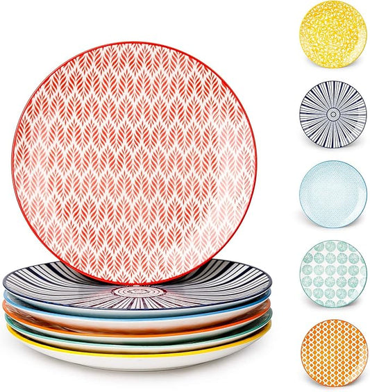 KitchenTour Porcelain Dinner Plates Set of 6, 10 inch Ceramic Curve Serving Plate for Salad, Dessert, Steak, Pasta, Microwave and Dishwasher Safe