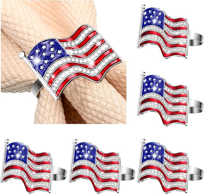 Geiserailie 6 Pieces Patriotic Napkin Rings 4th of July Napkin Ring Holder American Flag Napkin Rings Independence Day Serviette Napkin Ring Holder Napkin Buckle Table Ring for Dinning Table
